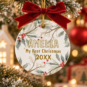 Baby`s erstes Weihnachten Stechpalmen-Winterlaub-F Keramik Ornament