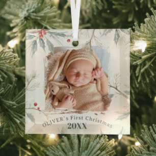 Baby`s erstes Weihnachten Stechpalmen-Winterlaub-F Ornament Aus Glas