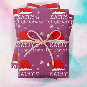 Baby`s erstes Weihnachtsmann-Hut Schneeflocke Lila Geschenkpapier Set