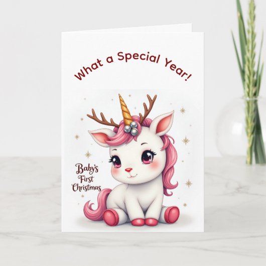 Baby’s First Christmas 2025 Unicorn Reindeer card Karte (Vorderseite)