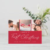 Baby’s First Christmas 3 Photo Collage Script RED Feiertagskarte (Stehend Vorderseite)