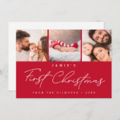 Baby’s First Christmas 3 Photo Collage Script RED Feiertagskarte (Vorne/Hinten)