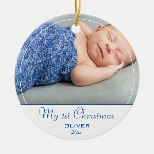 Baby`s First Christmas Blue Baby Boy Foto Keramik Ornament (Vorne)