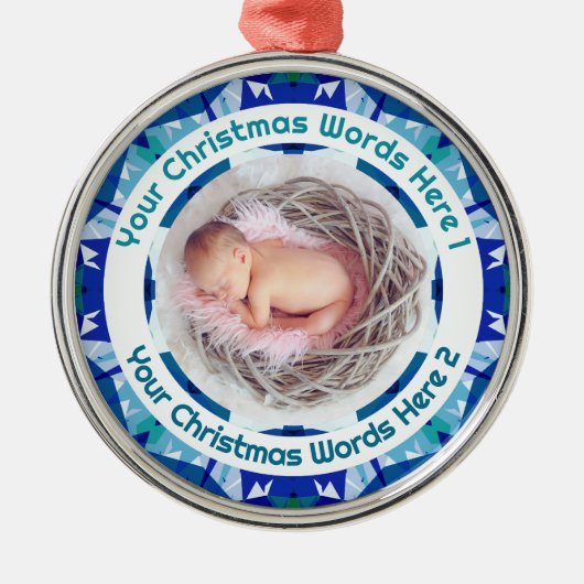 Baby’s First Christmas Blue Family Photo Keepsake Ornament Aus Metall (Vorne)