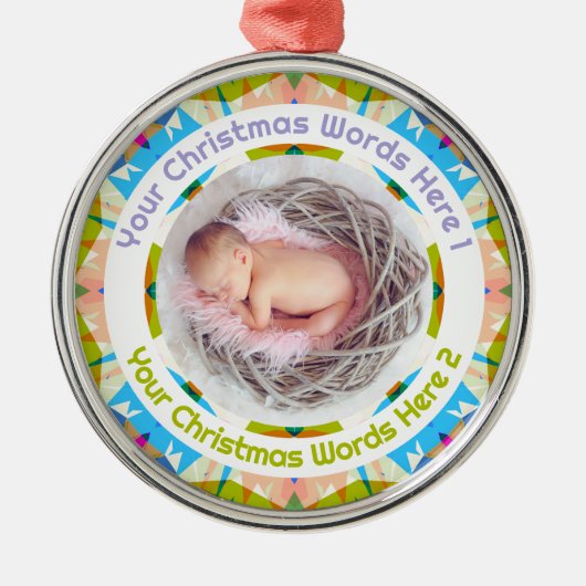 Baby’s First Christmas Blue Pink Green Photo Gift Ornament Aus Metall (Vorne)