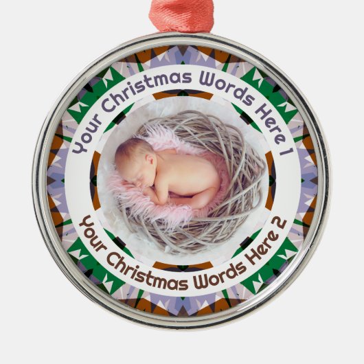 Baby’s First Christmas Brown Green Purple Photo Ornament Aus Metall (Vorne)