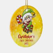 Baby`s First Christmas Elf Candy Cane Yellow Keramik Ornament (Rechts)