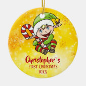 Baby`s First Christmas Elf Candy Cane Yellow Keramik Ornament (Vorne)