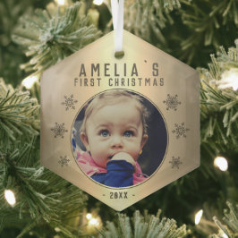 Baby`s First Christmas Golden Snowflake Foto Ornament Aus Glas