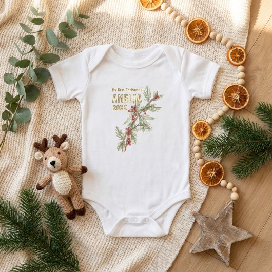 Baby`s First Christmas Holly Winter Foliage Baby Strampler