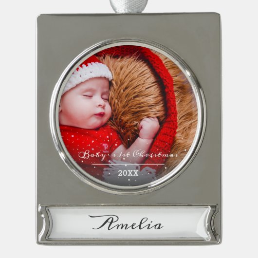 Baby`s First Christmas Niedlich Script Foto Orname Banner-Ornament Silber (Vorderseite)