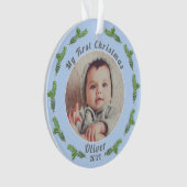 Baby`s First Christmas Pine Blue Foto Ornament (Vorderseite)