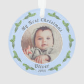 Baby`s First Christmas Pine Blue Foto Ornament (Rückseite)