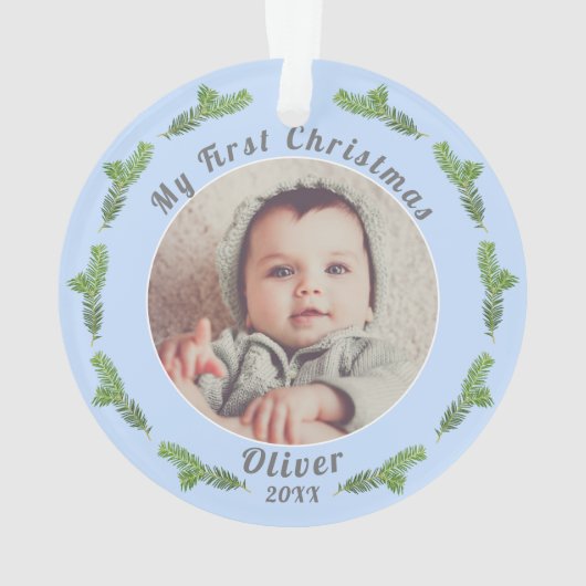 Baby`s First Christmas Pine Blue Foto Ornament (Rückseite)