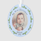 Baby`s First Christmas Pine Blue Foto Ornament (Vorderseite)