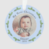 Baby`s First Christmas Pine Blue Foto Ornament (Vorderseite)