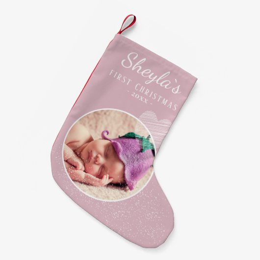 Baby`s First Christmas Pink Heart Foto Kleiner Weihnachtsstrumpf (Vorderansicht (hängend))