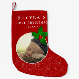 Baby`s First Christmas Red Holly Berry Foto Kleiner Weihnachtsstrumpf