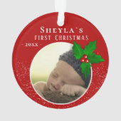 Baby`s First Christmas Red Holly Berry Foto Ornament (Rückseite)