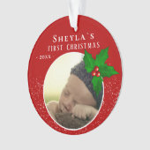Baby`s First Christmas Red Holly Berry Foto Ornament (Vorderseite)