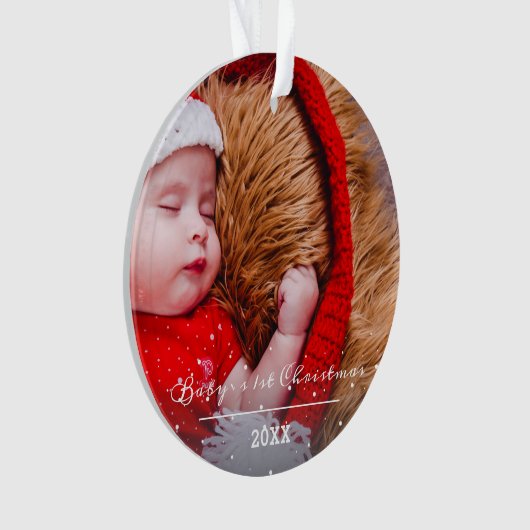 Baby`s First Christmas Script Weihnachts-Foto Ornament (Vorderseite)
