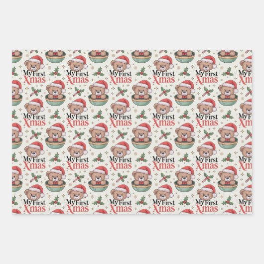 Baby’s First Christmas Teddy Geschenkpapier Set (Vorderseite)