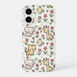 Baby-Safari-Tier mit Gekritzel-Blumen iPhone 16 Hülle