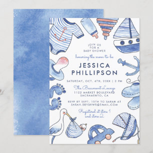 Baby Sailor   Blue Nautical Watercolor Babydusche Einladung