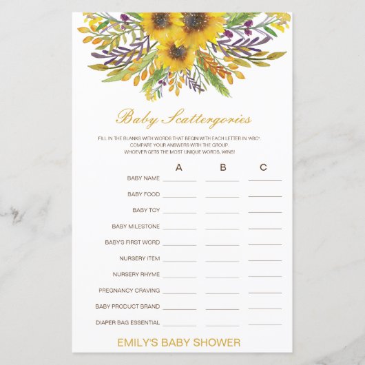 Baby Scattergories Baby Showgame PRINTED (Vorderseite)