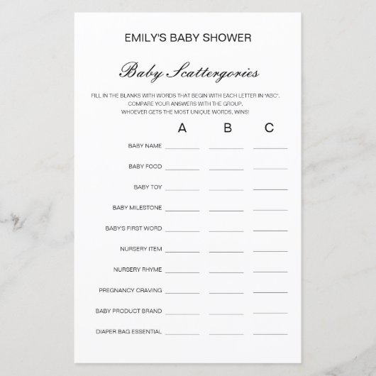 Baby Scattergories Baby Showgame PRINTED (Vorderseite)