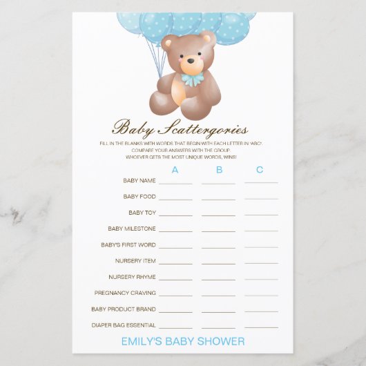 Baby Scattergories Baby Showgame PRINTED (Vorderseite)