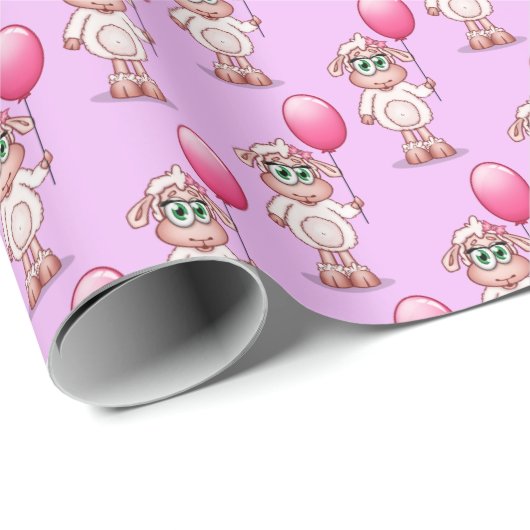 Baby-Schaf-Mädchen, das ein rosa Baloon. hält Geschenkpapier (Rolleneckpunkt)