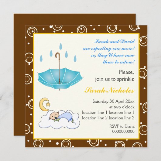 Baby-Schlafjunge sprinket blau-braune Einladung (Vorne/Hinten)