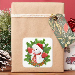 Baby-Schneemann mit Kristall-Schneeflocken-Ornamen Quadratischer Aufkleber