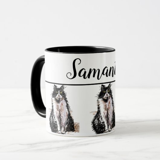 Baby Schwarz-weiß Tuxedo cat Cats Whimsical Art Ta Tasse (Vorderseite Links)