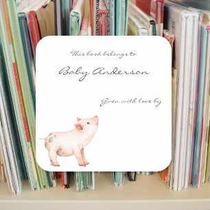 Baby-Schwein-Dusche Buchzeichen Quadratischer Aufkleber