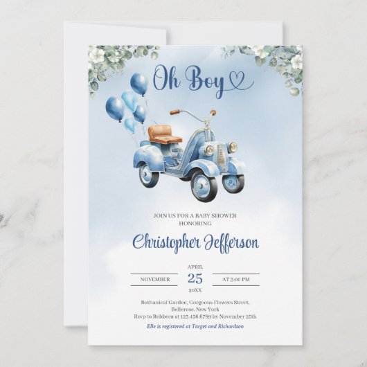 Baby Scooter Ballloons eucalyptus boy Baby Dusche Einladung (Vorderseite)