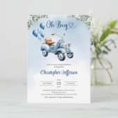 Baby Scooter Ballloons eucalyptus boy Baby Dusche Einladung (Stehend Vorderseite)