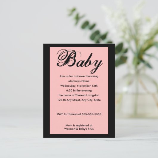 Baby Script Baby Dusche Einladung Pink (Stehend Vorderseite)