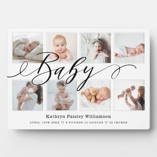 Baby Script Foto Collage Keepake & Birth Stats Fotoplatte (Vorderseite)