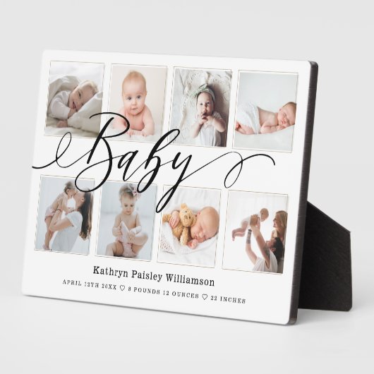 Baby Script Foto Collage Keepake & Birth Stats Fotoplatte (Seite)