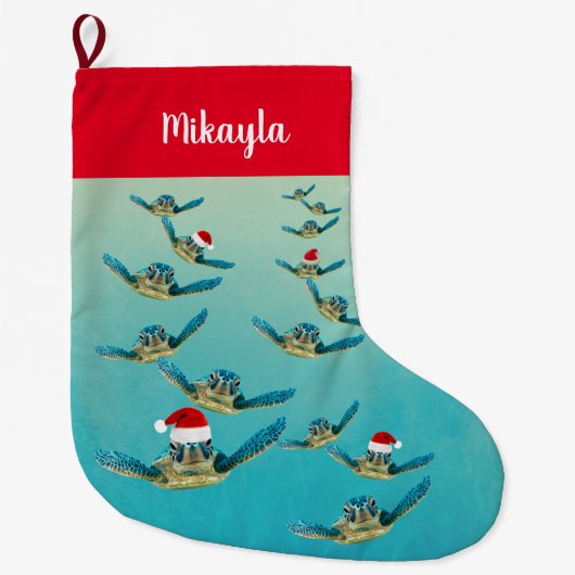 Baby Sea Turtle in Weihnachtsmannmützen Weihnachte Großer Weihnachtsstrumpf (Vorderseite)