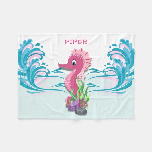 Baby Seepferd | Rosa Personalisiert Fleece Blankon (Vorderseite (Horizontal))