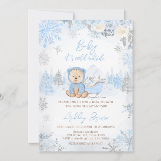 Baby seine kalte Außendusche Blue Bear Baby Einladung (Vorderseite)