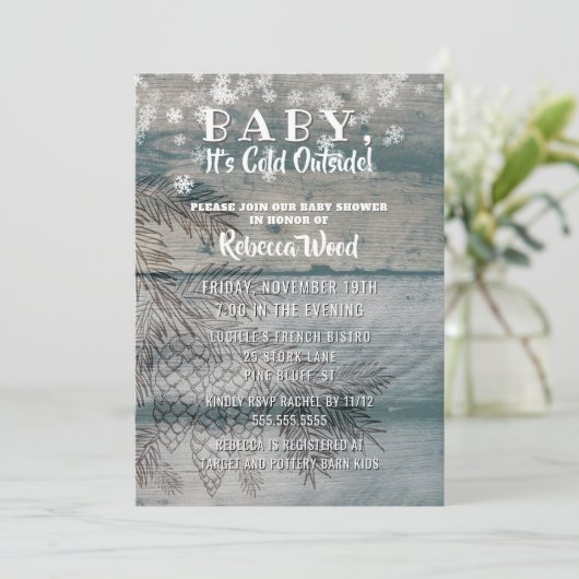 Baby seine kalte Außenseiten-rustikale hölzerne Einladung (Stehend Vorderseite)