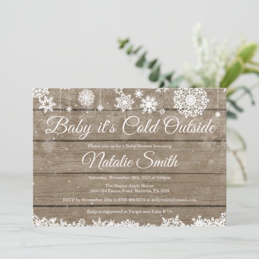 Baby seine kalte Outdoor Rustikale Winter Baby Dus Einladung (Stehend Vorderseite)