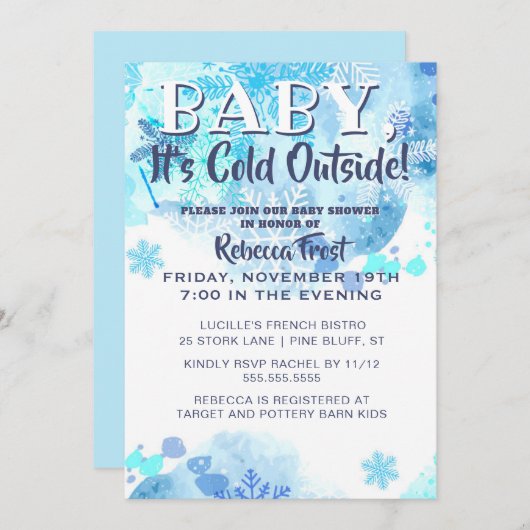 Baby seine kalte Outdoor Schneeflocken Blaue Dusch Einladung (Vorne/Hinten)