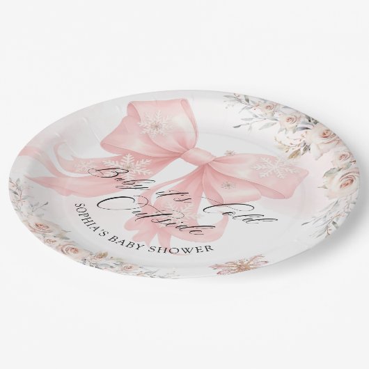 Baby seine kalte Outdoor Winter Pink Bow Babydusch Pappteller (Schrägansicht)
