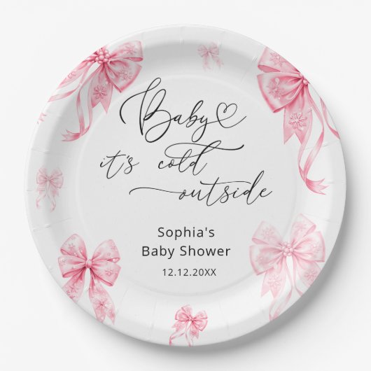 Baby seine kalte Outdoor Winter Pink Bow Babydusch Pappteller (Vorderseite)