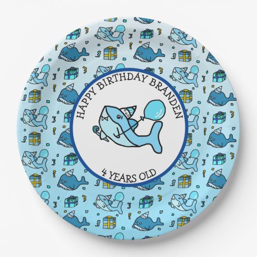 Baby Shark and Whales Personalisiert Boy's Geburts Pappteller (Vorderseite)
